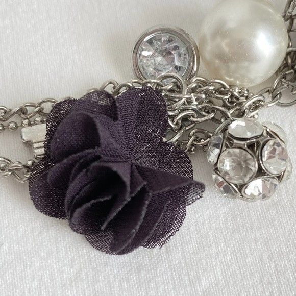 Silver Tone 8-Charm Necklace Opera Length Double Stranded Ball & Cable Chains - Picture 7 of 12